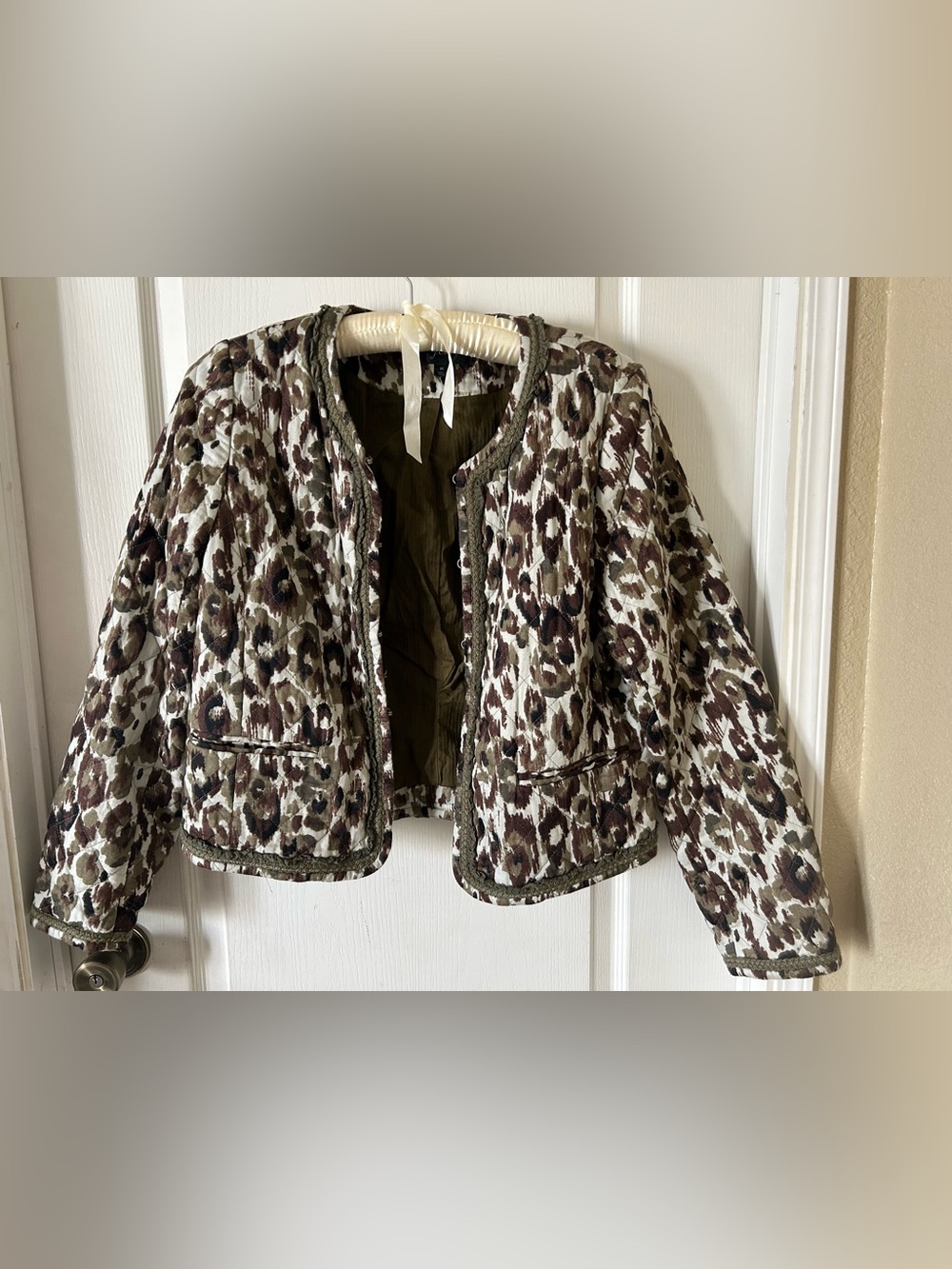 J.Crew Green & Brown Leopard Print Quilted Jacket Lace Trim & Pockets Size M